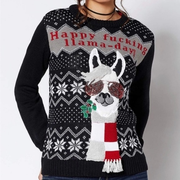 Spencer’s Black Grey White & Red Llama Ugly Christmas Sweater Size XL - Picture 12 of 15